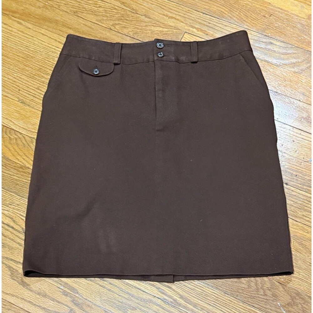 Lauren Ralph Lauren Brown Solid Pencil Knee Skirt Twill Cotton Blend Pockets 4